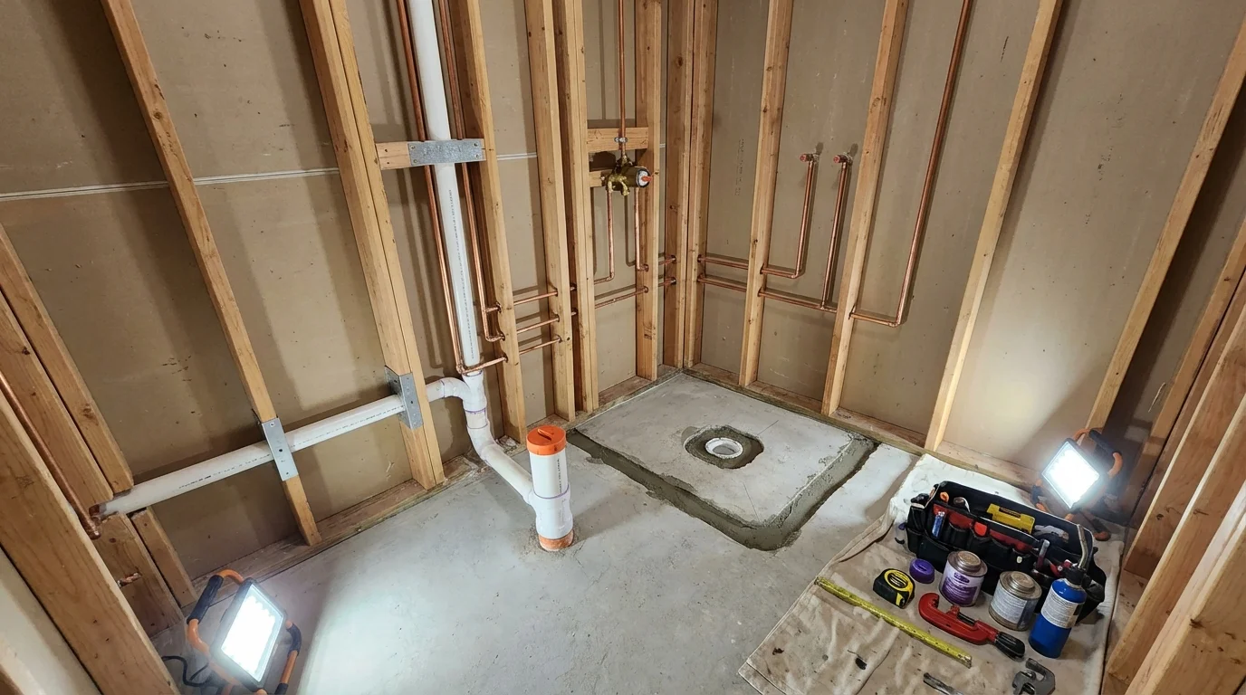 Bathroom rough-in plumbing during remodel by Johns Plumbing LLC in Farmingville