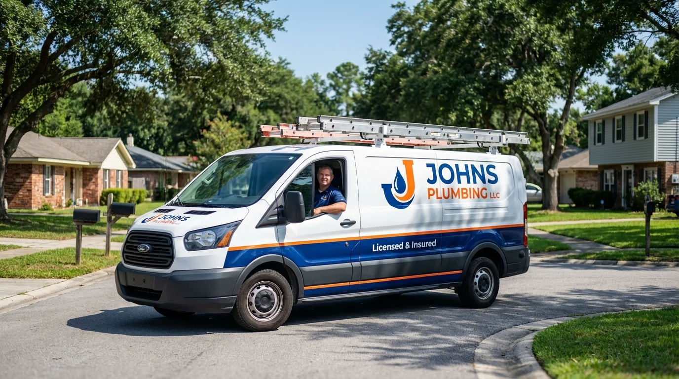 Johns Plumbing LLC service van in Farmingville, NY