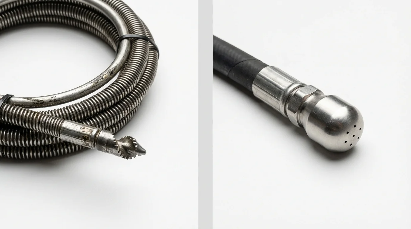 Drain snake cable and hydro jetting nozzle used for drain cleaning in Farmingville, NY