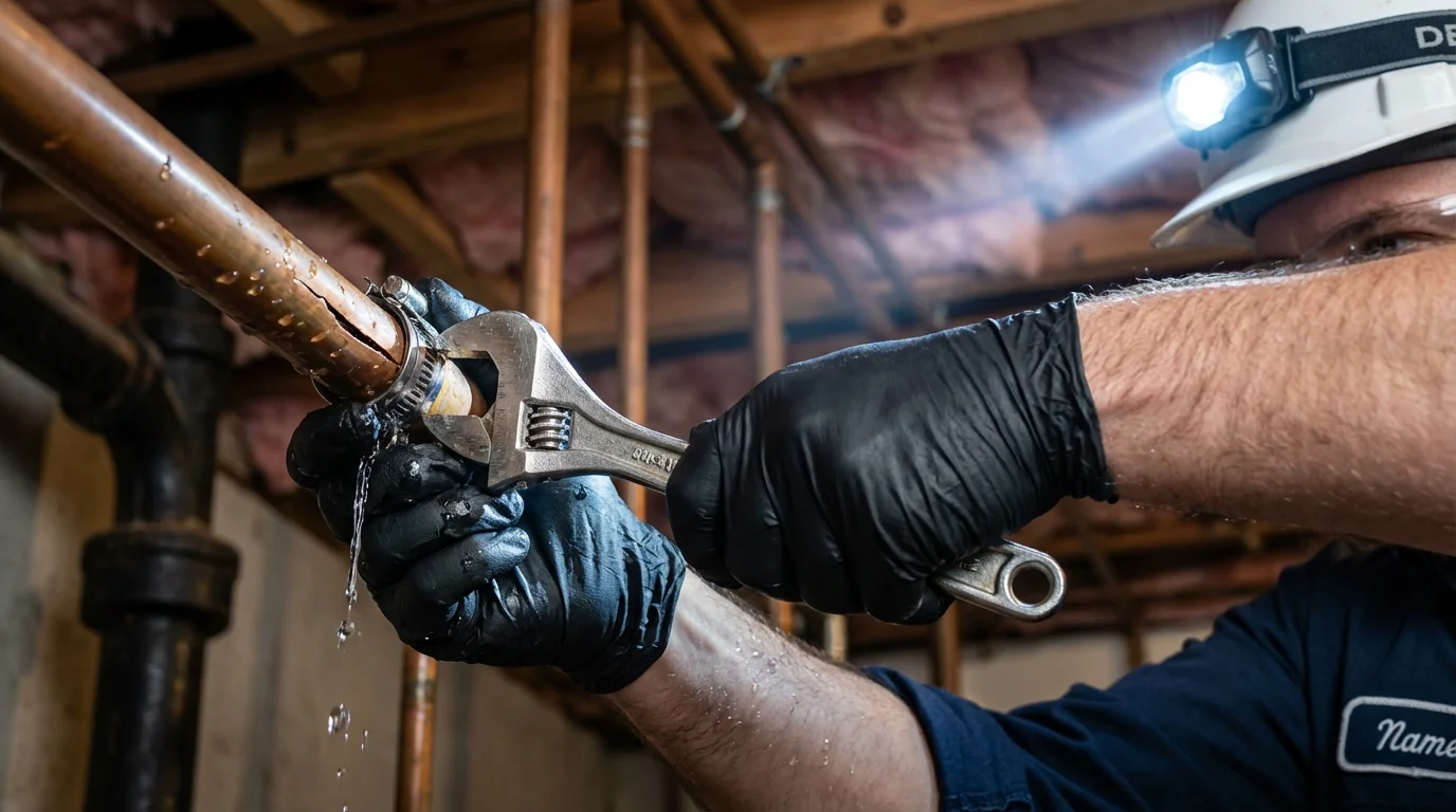 Emergency pipe clamp repair being performed by a Johns Plumbing LLC plumber in Farmingville