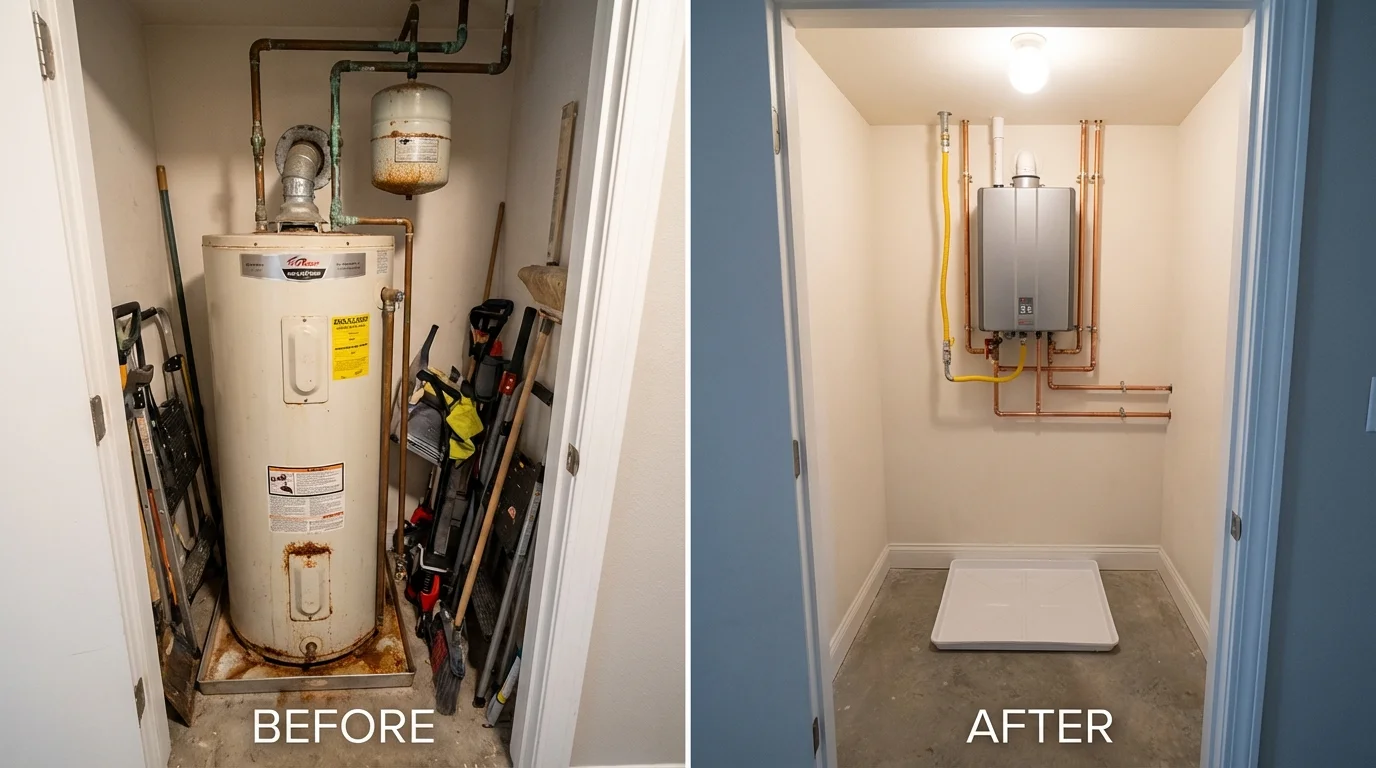 Tank water heater versus wall-mounted tankless unit comparison for Farmingville, NY homeowners