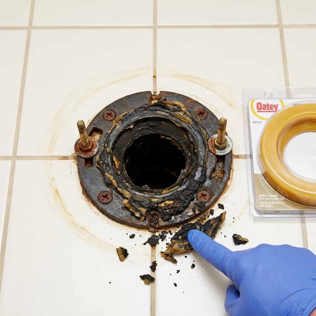 Failed wax ring showing water seepage at the base of a toilet in a Farmingville, NY home
