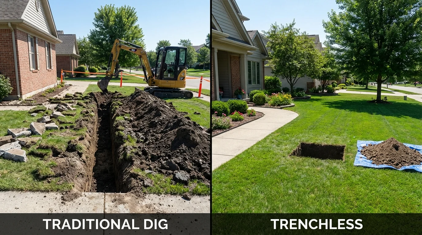 Trenchless sewer repair with minimal yard damage versus traditional excavation in Farmingville, NY