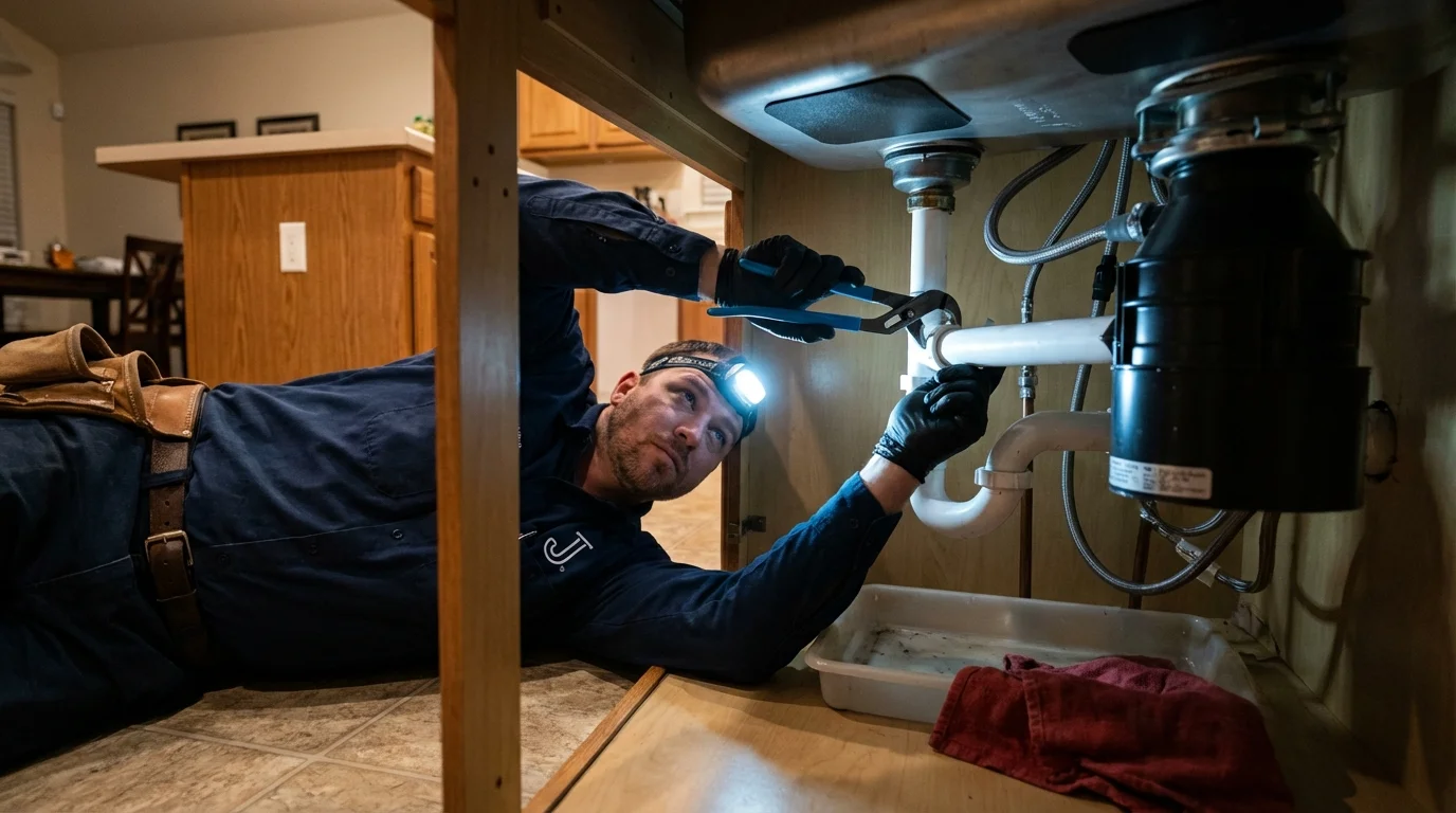 P-trap and supply line connections under a kitchen sink showing a common leak point in Farmingville, NY